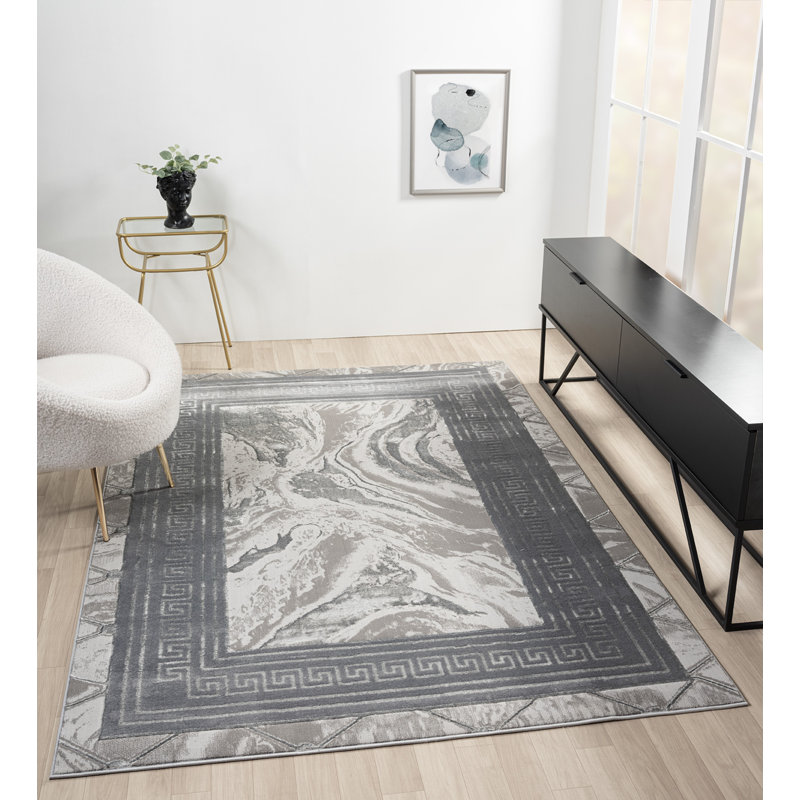 Tapis à bordure abstraite crème / gris Ksamil Collection, Rectangle 5 pi 3 po x 7 pi 3 po
