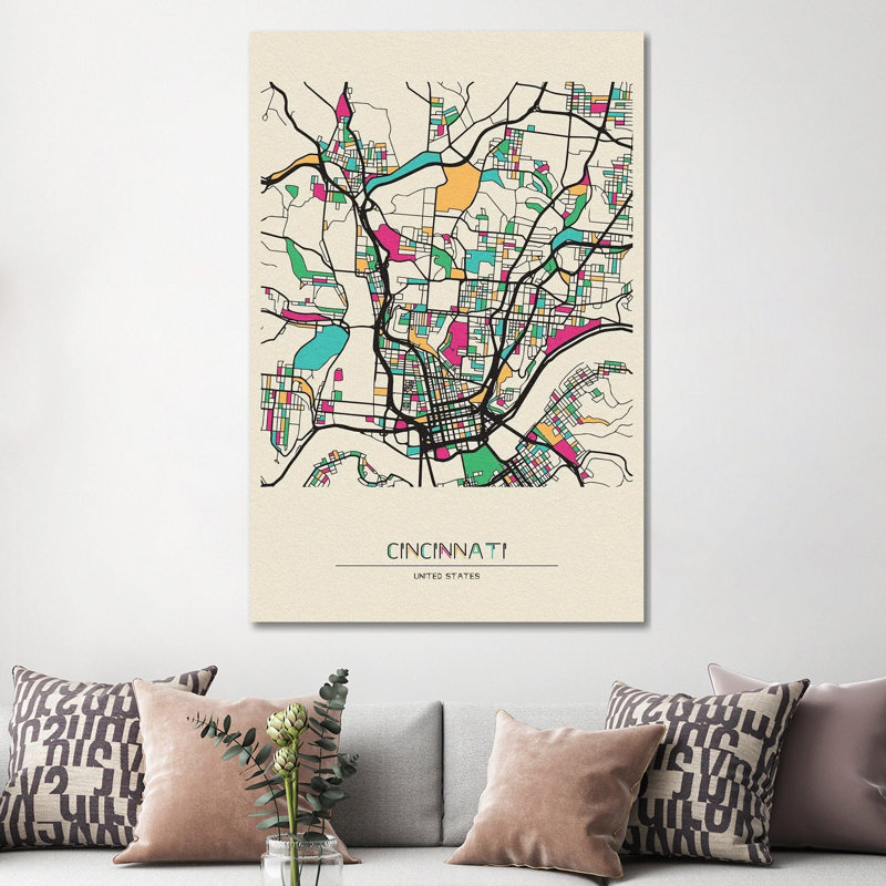 Cincinnati, Ohio Map by Ayse Deniz Akerman - Wrapped Canvas Gallery-Wrapped Canvas Giclée, 152.5 cm H x 101.5 cm W
