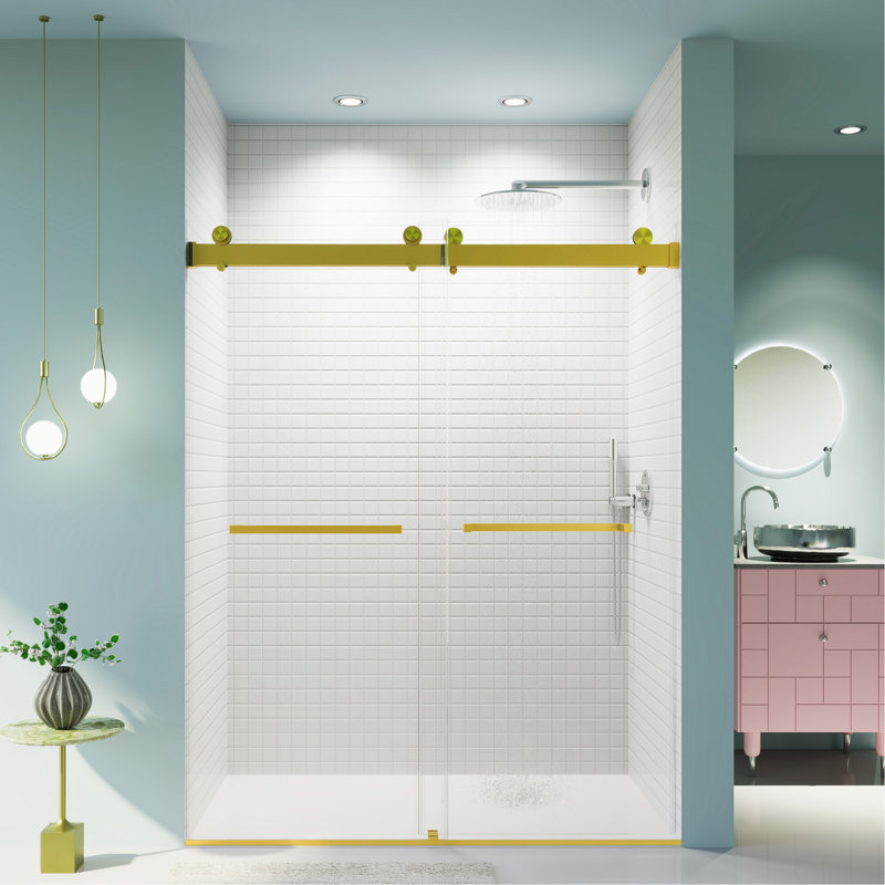 Porte de douche coulissante double sans cadre sophistiquée pour salles de bain élégantes, Doré