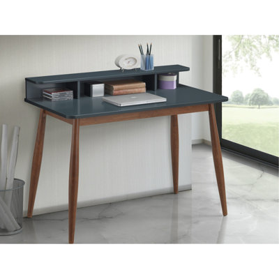 Grey Mid-century Modern Writing Desk With - Two-tone Finish, 3 Pigeonholes, Flared Wood Leg 43" X 23.6" 34.4 In Open Tapered And Leg, 43"x23.6"x34.4