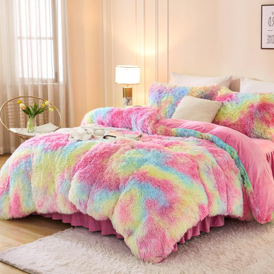 Andency Faux Fur Tie-Dyed Rainbow Comforter for Queen Size Bed, 3 Pieces Fluffy Fuzzy Plush Bedding Comforter Set (1 Shaggy Velvet Comforter & 2 Pillowcases)