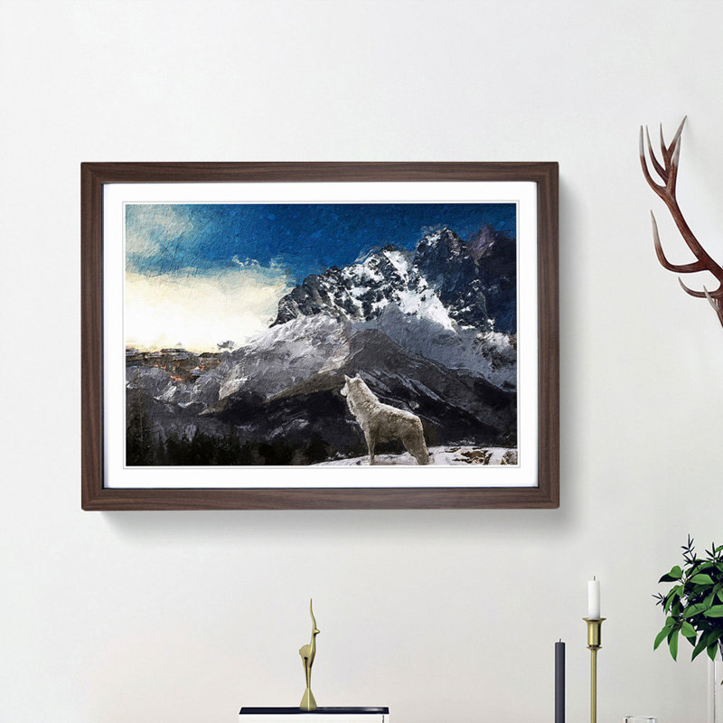 White Wolf with a Mountain Landscape - Picture Frame Painting Print, 36cm H x 48cm W x 2cm D, Walnut Framed