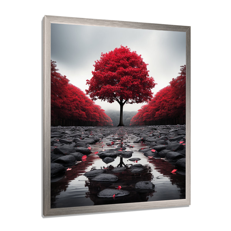 Rouge et gris forêt sérénité - art mural forêt, H 44 po x l 34 po x P 1,5 po, Cadre simple argenté