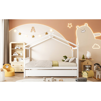Lit double blanc avec lit gigogne escamotable blanc, structure en pin, 2 têtes de lit confortables, décoration de chambre à coucher idéale pour lit simple en bois, construction solide, toit ciel fantaisiste,