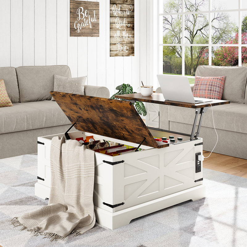 35.4" Farmhouse Lift Top Coffee Table, Square Wood Center Table With Charging Station, Rustic Lift Tabletop Dining Table with Large Hidden Compartment for Home Living Room