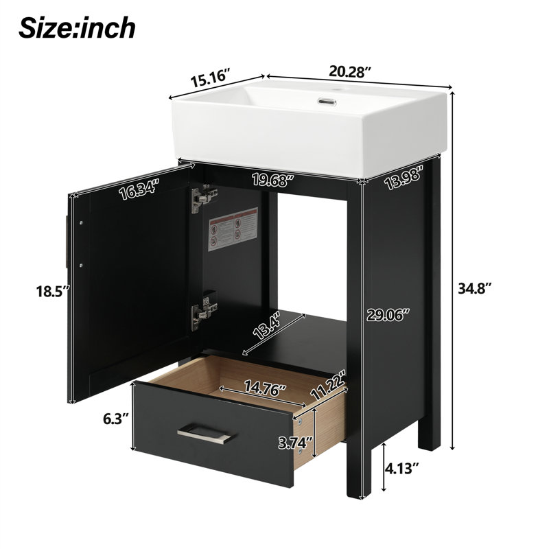 Meuble-lavabo simple 20 po avec lavabo en céramique, armoire à fermeture douce et tiroir, Noir