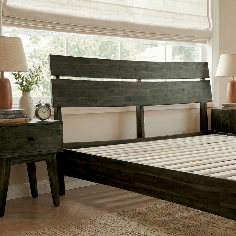Acacia Aurora Premium Solid Wood Platform Bed Frame and High Headboard, Queen Bed Frame with Headboard Included, Mid Century Modern Bed Frame