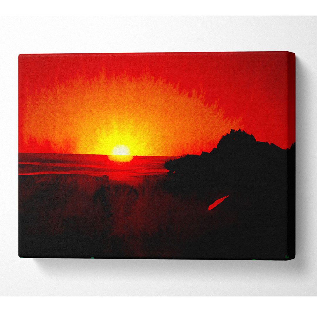 Rot Rocky Ocean Sun Blaze Canvas Aquarell