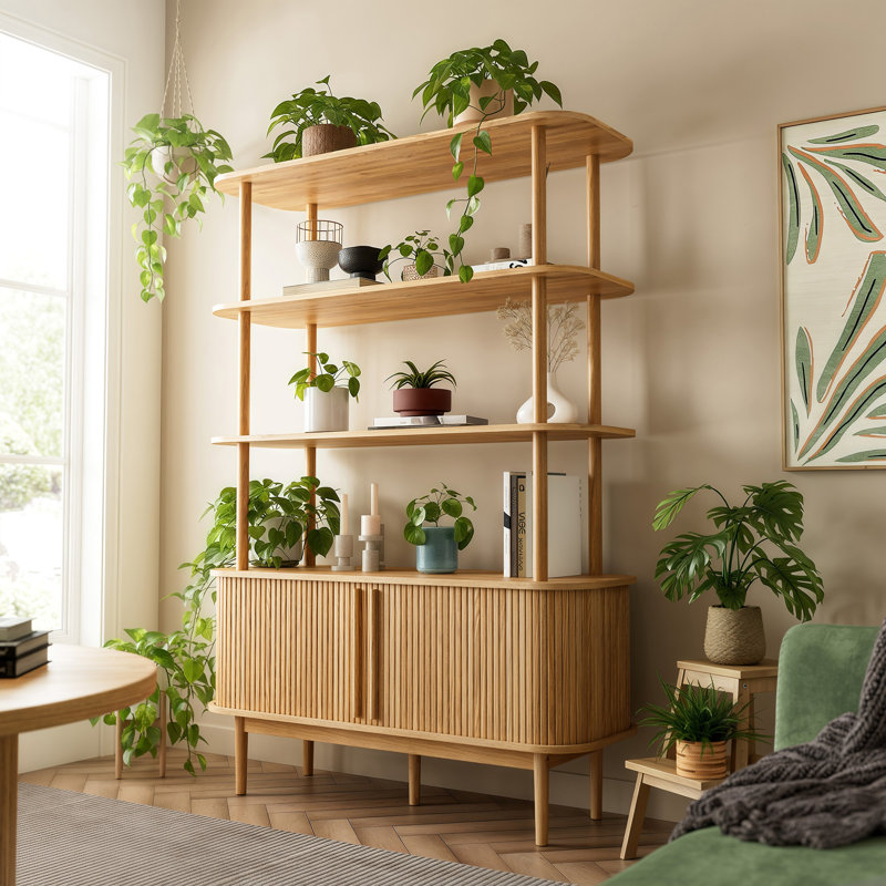 Bookcase With Curved Storage Cabinet, 4-tier Bookshelf With Sliding Door