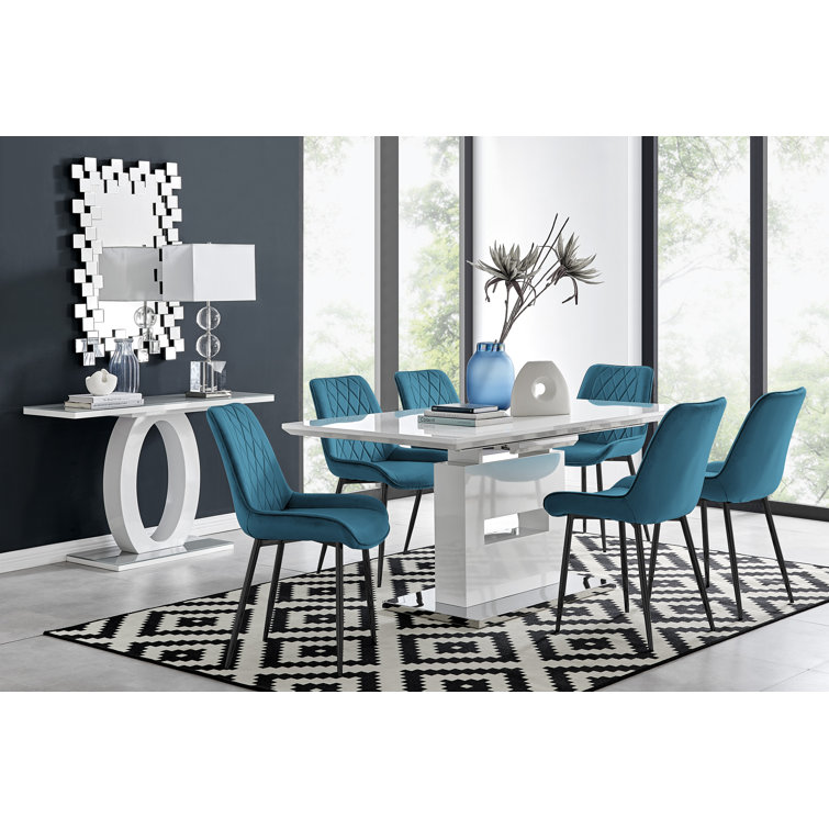 Alezzo Modern High Gloss Extendable Dining Table Set with 6 Luxury Velvet Dining Chairs