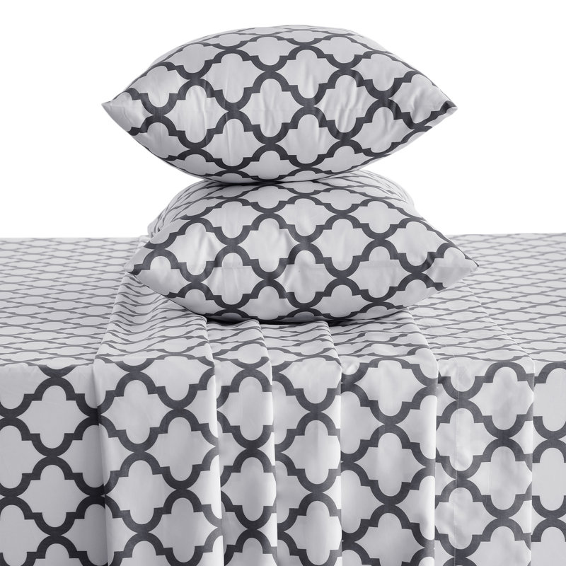 Ensemble de draps en microfibre quadrilobe blanc et gris anthracite quatre pièces