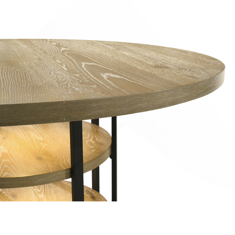 Table de salle à manger 59 "ronde en chêne rustique avec lumière DEL, structure en métal noir, tablettes