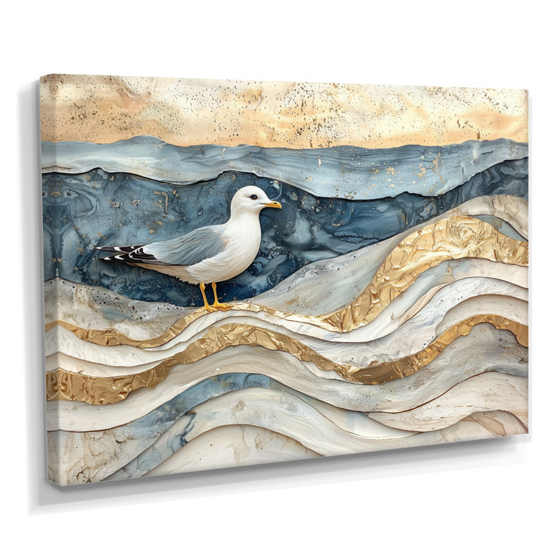 Mouette moderne en marbre sur la plage - Art mural de mouette pour le salon, H 24 po x l 32 po, Toile tendue