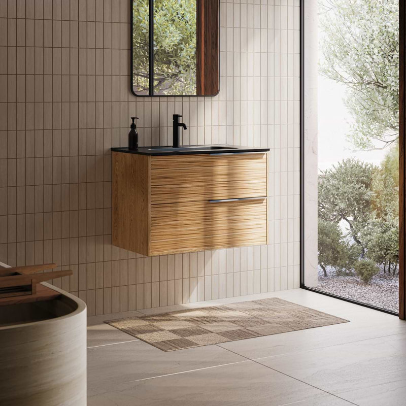 Kora 32" Bamboo Faux Finish Wall-Mounted Single Bathroom Vanity with Integrated Ceramic Top & Handles, Black, 32"