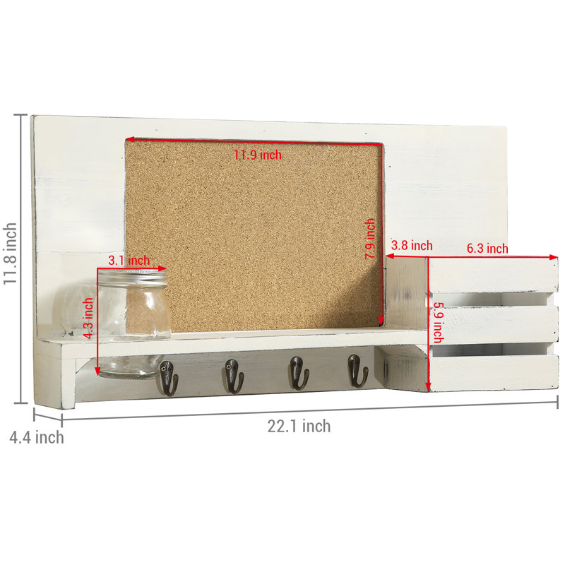 Wall Mail Storage Organiser with Key Hooks and Corkboard
