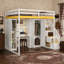 Lit mezzanine double avec escalier de rangement, coiffeuse intégrée avec miroir et tiroir, garde-robe et armoires, ports et lumières de charge USB, blanc et jaune
