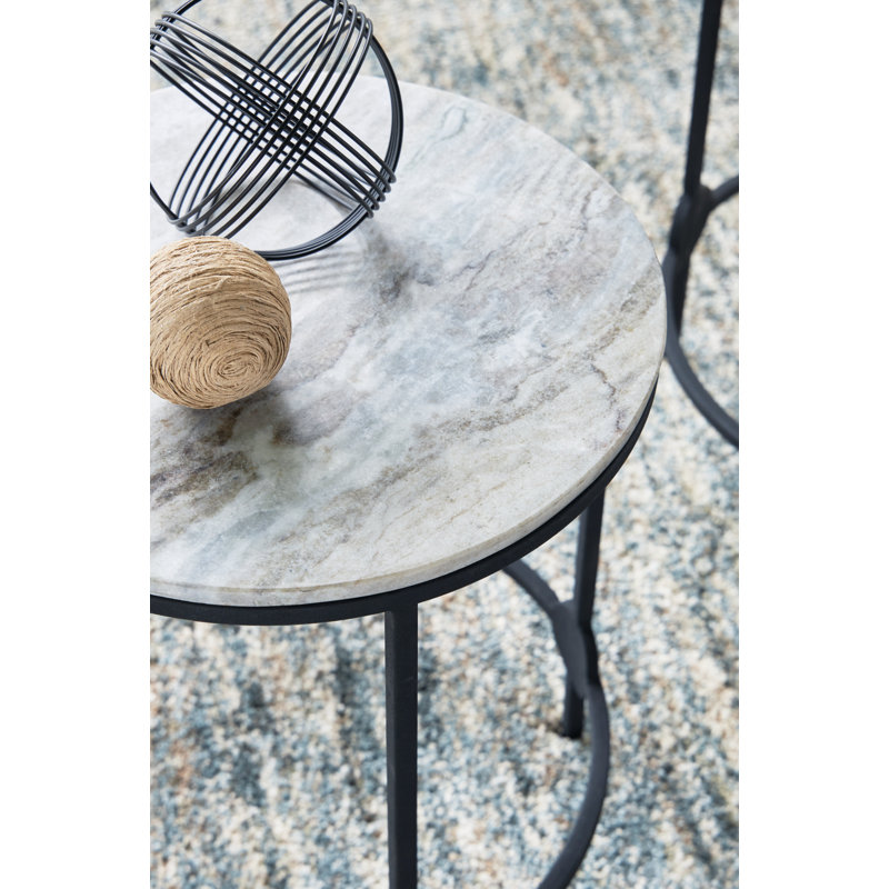 White and Black Round Metal and Stone Accent Table Set
