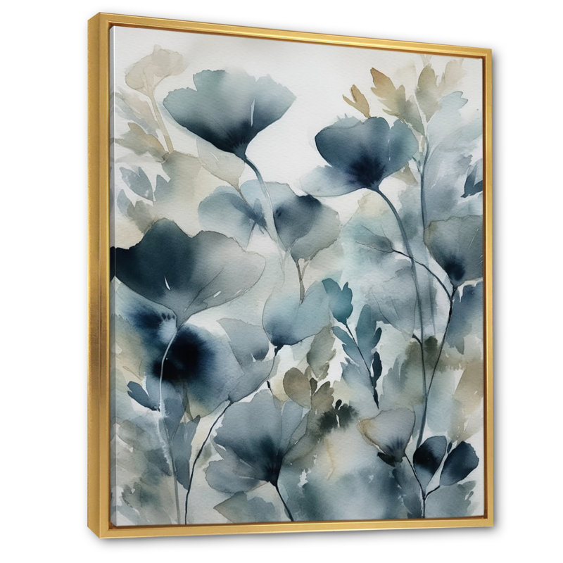 «Blue Leaf Foliage And Flowers II», reproduction sur toile, H 20 po x l 12 po, Cadre flottant doré