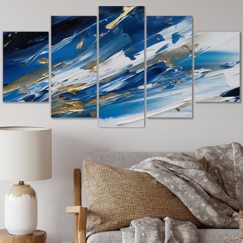 «Essential Blue Abstract Minimal Wave», reproduction d'art abstrait mural - 5 panneaux