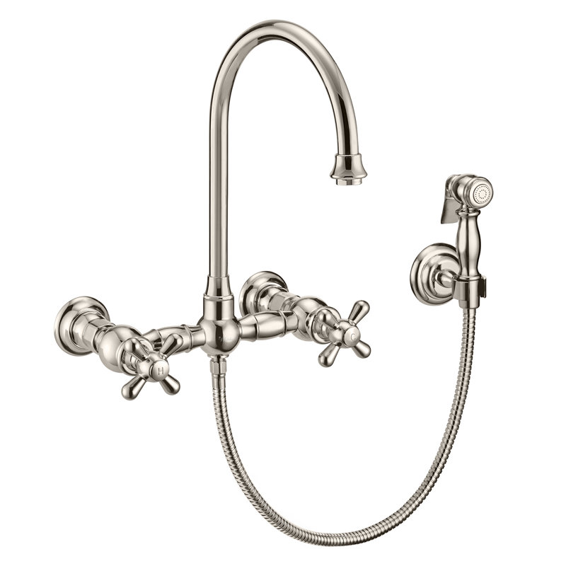 Whitehaus Collection Wall Mount Faucet with Gooseneck Swivel Spout and Solid Brass Side Spray, Polished Nickel, Cross Handles