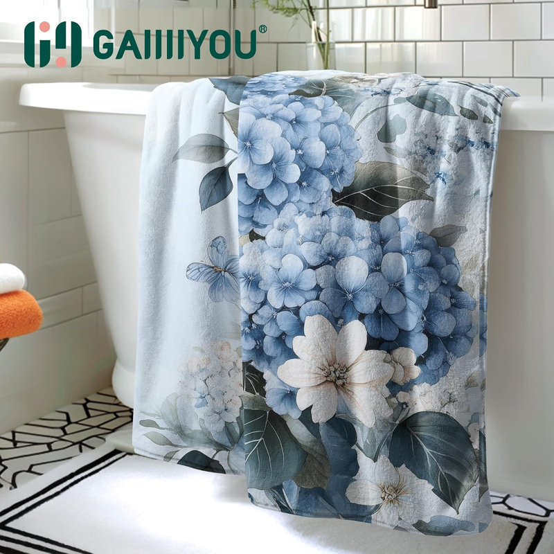 Serviettes de bain bleues Hydrangea Botanical Leaf Floral grande serviette de douche drap de bain en microfibre absorbante douce 50 * 60 pouces Plus, vous recevrez un sac fourre-tout en toile de style plage
