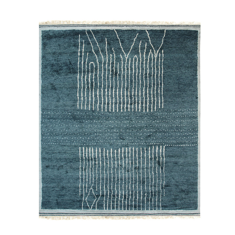 Tapis contemporain vert / turquoise en laine noué à la main Freya, Rectangle 5 pi x 8 pi