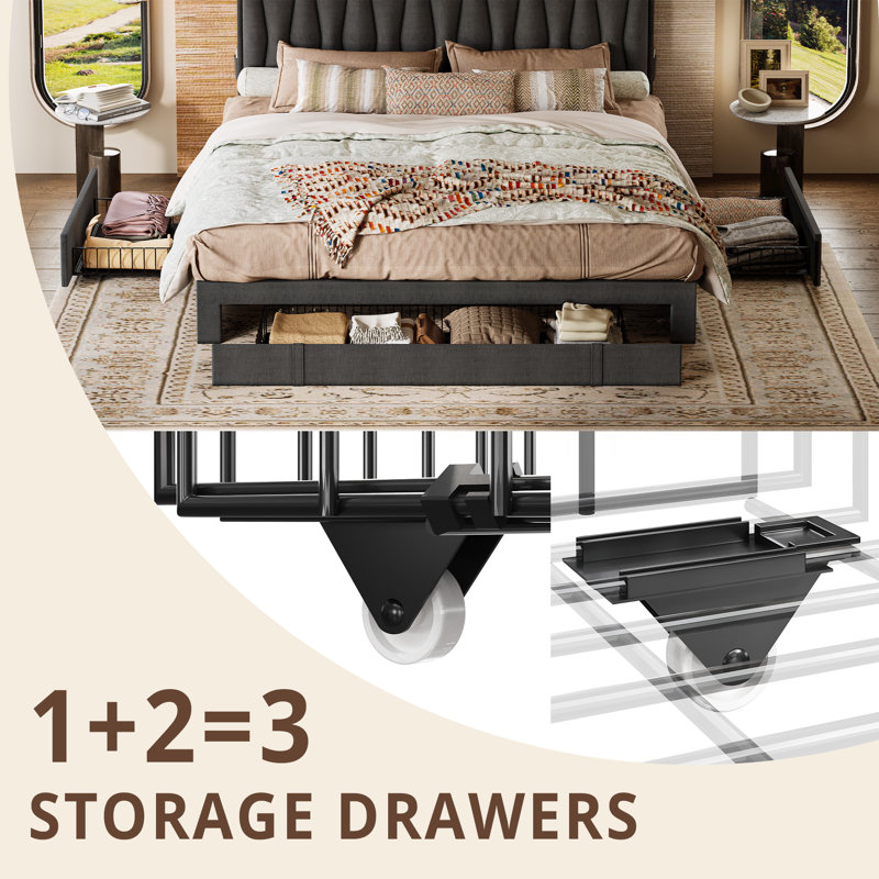 King Gray Linen Upholstered Bed Frame with Storage Drawers