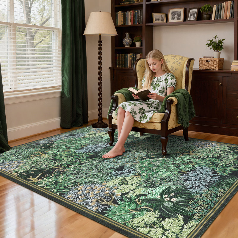 Botanical Forest Area Rug for Living Room, Washable Jungle Soft Low Pile Floor Cover, Non Slip Stain Resistant Carpet, Purple