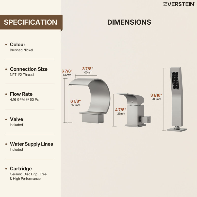 Waterfall Roman Tub Faucet with Hand Shower, 3-Hole Deck Mount, Brushed Nickel