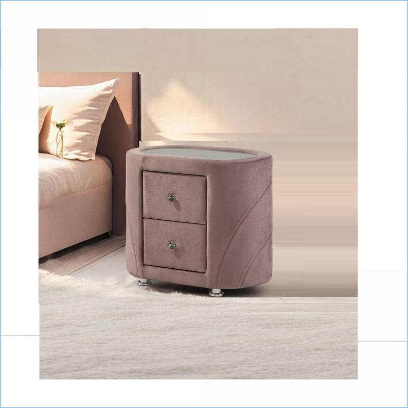 Table de chevet 2 tiroirs en velours rose avec plateau en verre Pieds chromés