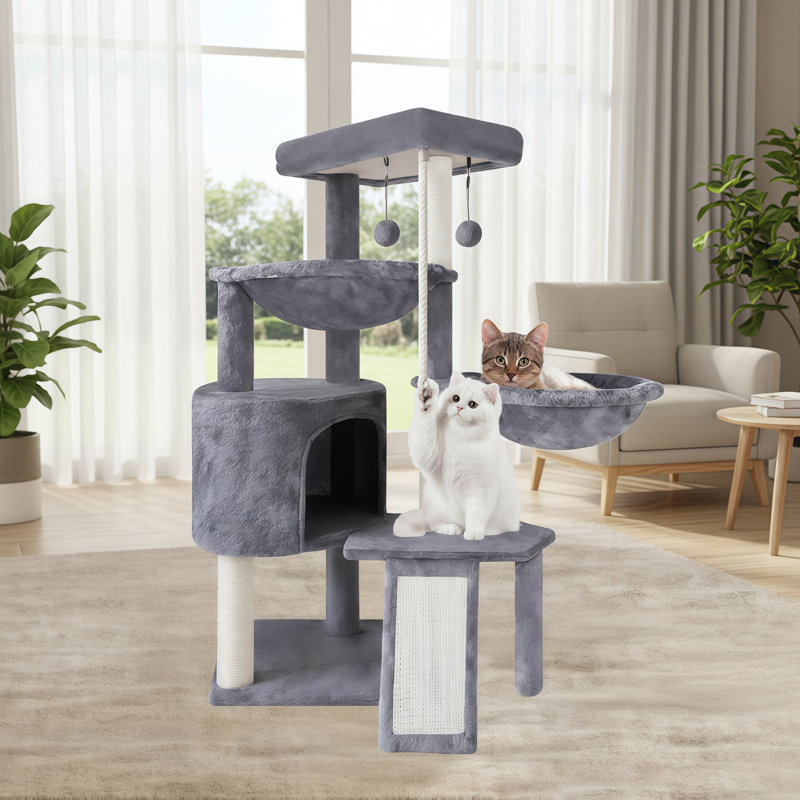 Arbre à chat gris à trois niveaux avec lit pour chat et deux hamacs