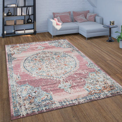 Conte Balcony Terrace with Oriental Power Loom Pink/Beige/Blue Indoor/Outdoor Rug