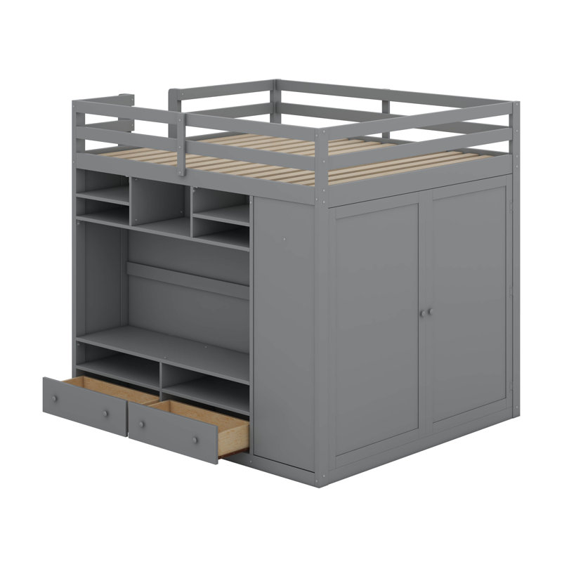 Lit mezzanine double avec garde-robe, tiroirs et tablettes, lumières DEL intégrées, rangement dissimulé, gris