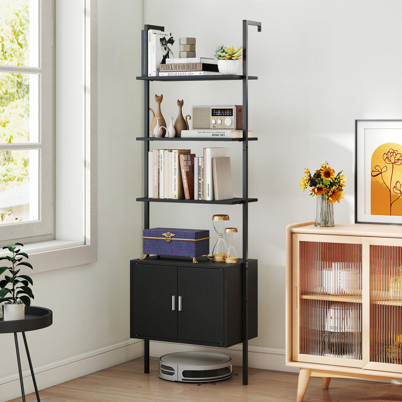 2PCS 72.5'' Tall Bookshelf 5 Tier Wall Mount Ladder Bookcase w/ Cabinet, Black, 2