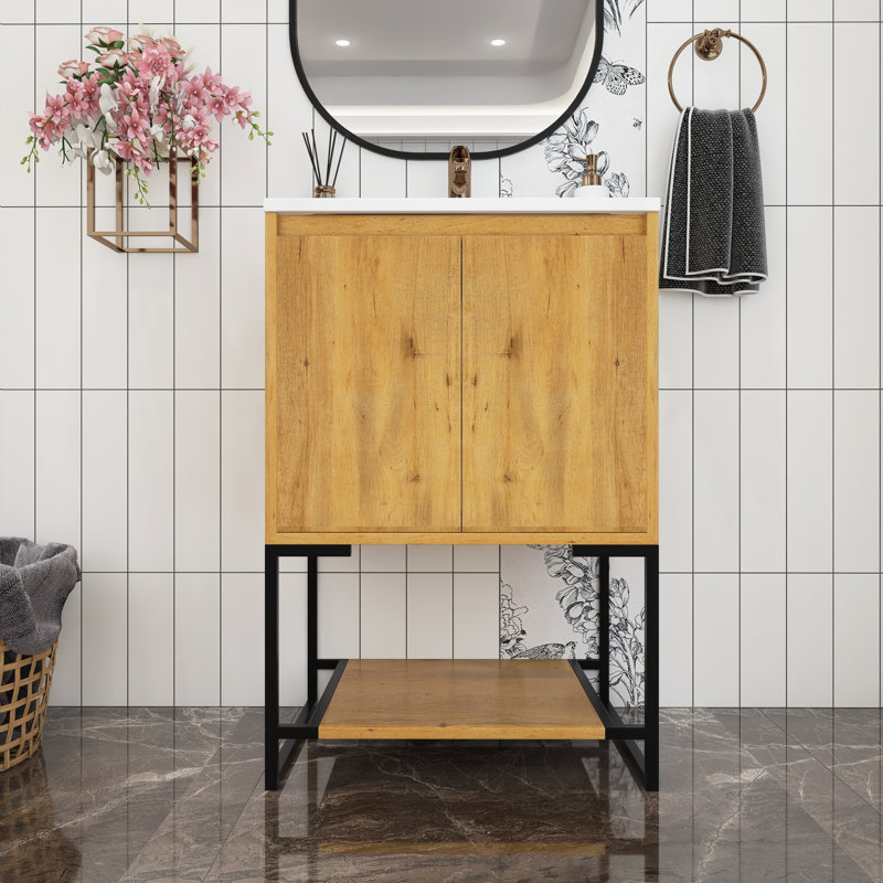 Meuble-lavabo autoportant à simple cuve 24 po avec plateau en marbre Sylee, Blanc, Chêne