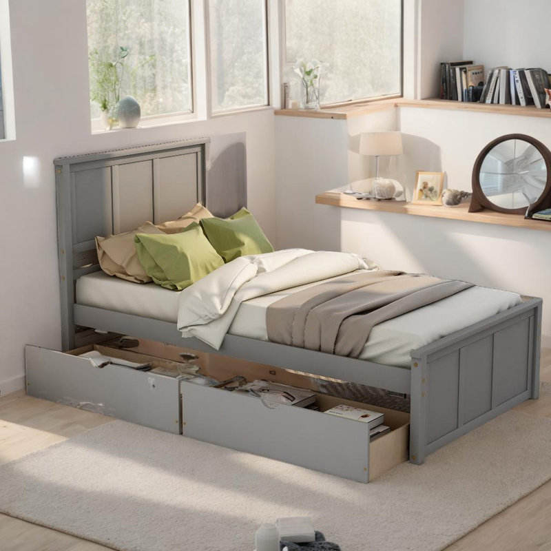 Lit plateforme simple avec 2 tiroirs, Gris