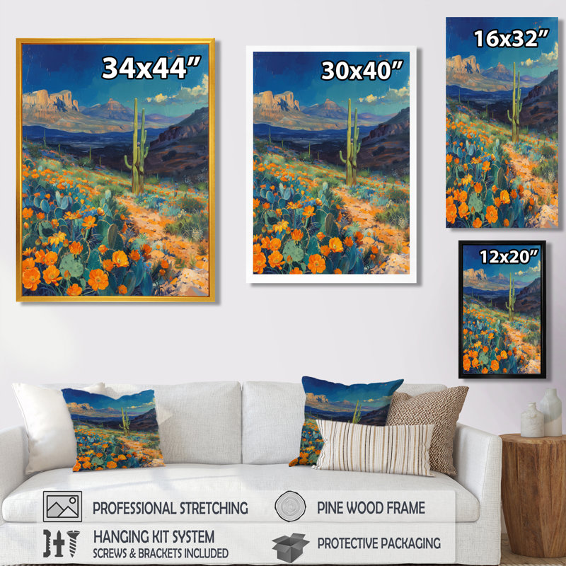 Orange, bleu, désert, cactus, paysage au Mexique II - plantes, art mural, H 32 po x l 16 po x P 1 po, Toile tendue