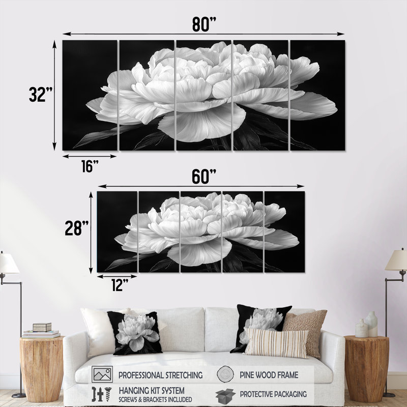 Pivoine blanche et noire Elegnce I - et - art mural traditionnel pour le salon, H 28 po x l 60 po, 5
