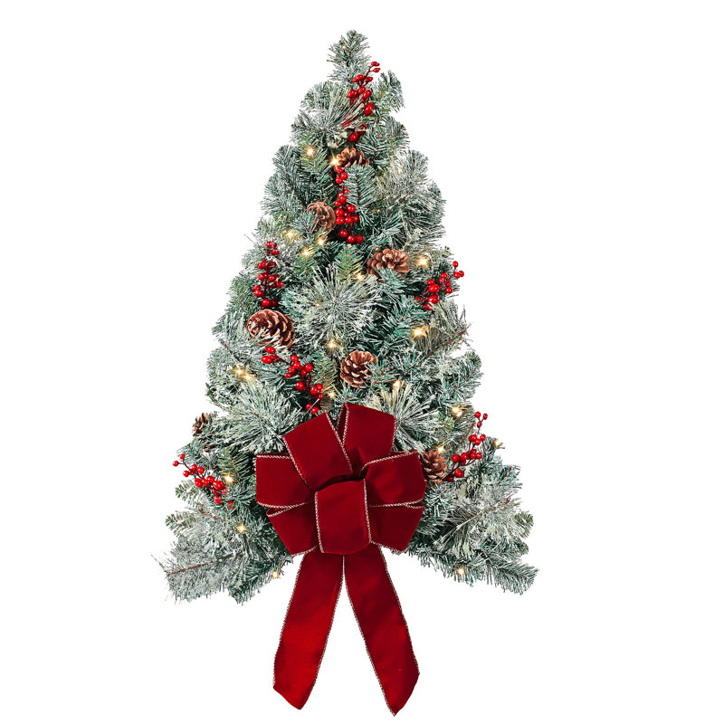 28" Pre-lit Flocked Hanging Christmas Tree with Red Bow