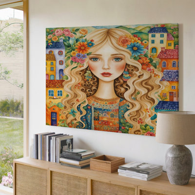 Impression d'art mural sur toile fantaisiste et colorée avec des fleurs et des maisons pour le salon, la chambre à coucher, le bureau, le couloir, le vestibule, le mur de la galerie et la décoration intérieure moderne