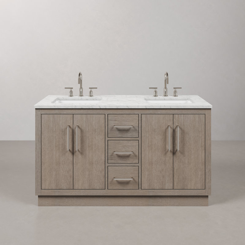 Hunner 60" Carrara White Marble Countertop Bath Vanity in Gray Oak with Faucet, Chrome