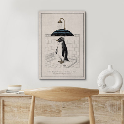 Penguin with Umbrella Shower Canvas Wall Art, Funny Framed Art Print for Modern Bathroom or Quirky Animal-Themed Decor -  IDEA4WALL, CVS-WFN01-2504-LL47-12x18
