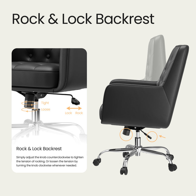 Button Tufted Faux Leather Office Task Chair with Padding, Black