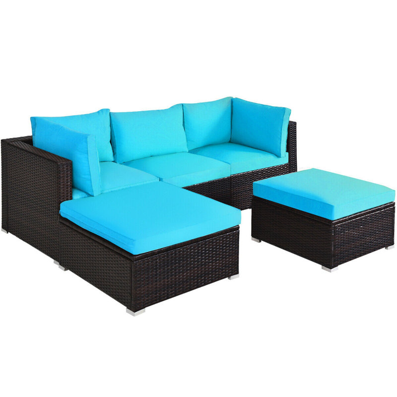 Ensemble de conversation modulaire en rotin pour l'extérieur avec coussins 5 pièces Averyon, Bleu