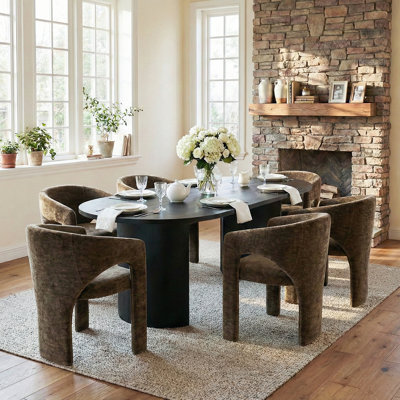 7 Piece Modern Dining Set With 79" Black Oval Pedestal Table & 6 Sculptural Wide-Seat Arm Chairs