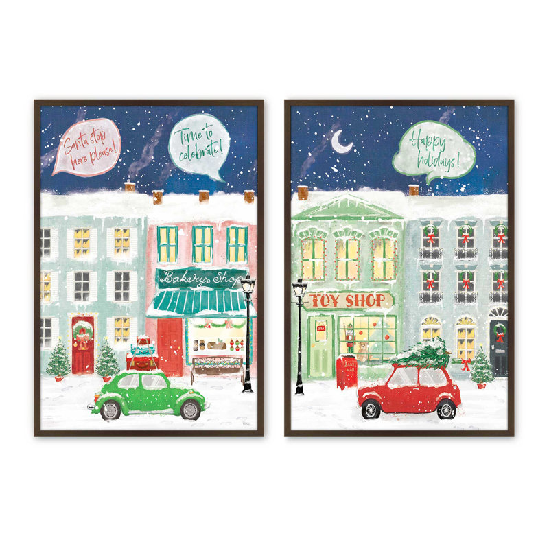 Ensemble de 2 impressions sur neige Snowy Toy Shop, 24 po x 18 po, Brun Belvinder