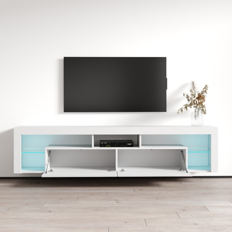 Hugo Modern TV Stand for TVs up to 90" with 16-Color LED Lighting, Glass Shelves, Wall-Mounted, White