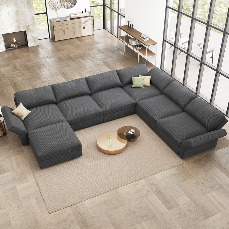 Bouley Corner Corduroy Sectional U-shaped Modular Sofa, Gray Corduroy