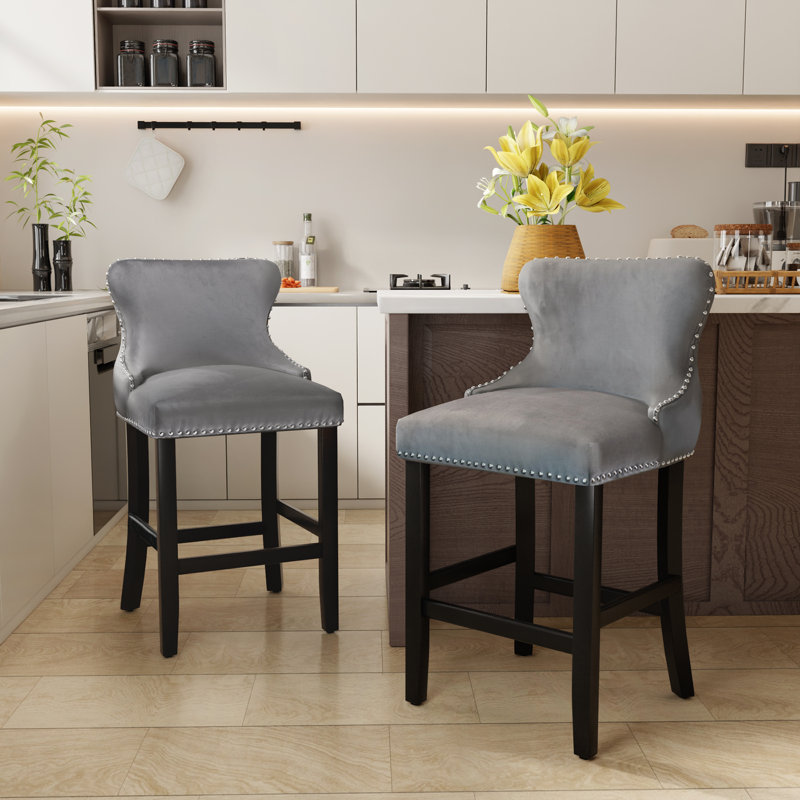 Modern Velvet Upholstered Bar Stools Counter Height Barstools Set of 2, Gray
