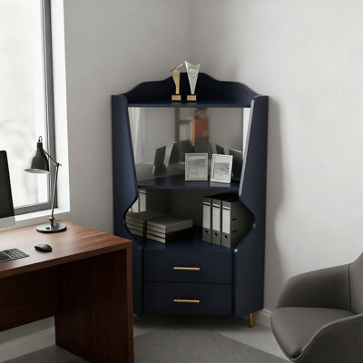 Modern Corner Bar Cabinet with Open Shelves and Drawers, mirrored back for Living Room, Dining Room, bedroom
